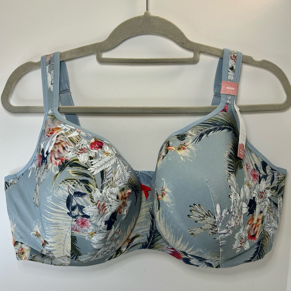 NWT Cacique Lane Bryant Blue Tropical Print Lightly Lined Balconette Bra 46DDD